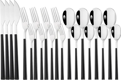 20 piezas (4 juegos) de acero inoxidable plateado con mango negro, cubiertos de boda y uso diario, cubiertos para el hogar, restaurante, fiesta,