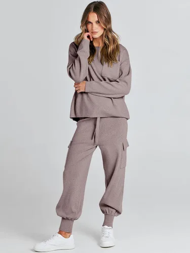 Vista 8 de Caracilia Conjunto de dos piezas para mujer, suéter de punto de manga larga y pantalones deportivos tipo cargo