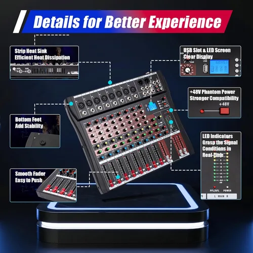 Vista 3 de Mezclador de audio, mezclador de tablero de sonido de 8 canales, mezclador de sonidos profesional con reproductor de MP3 e interfaz USB, Bluetooth