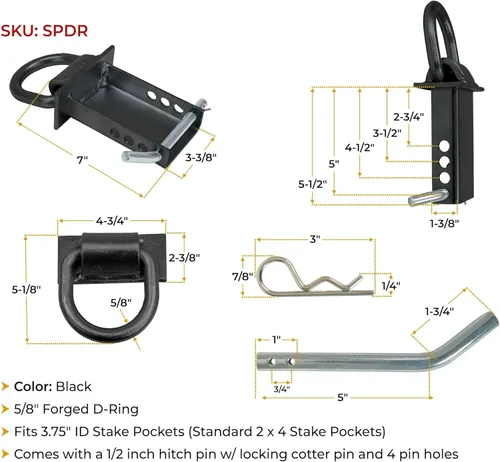 Vista 6 de Mytee Products Anillo en D de funda de estaca ajustable de remolque, alta resistencia, recubierto en polvo negro, pasador de enganche de 1/2
