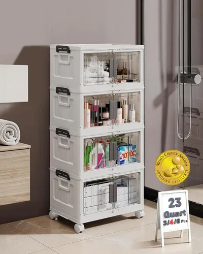 Vista 15 de OlarHike 48QT - Contenedores de almacenamiento con cierre con tapas, caja de almacenamiento plegable con puertas y ruedas, contenedores de plástico