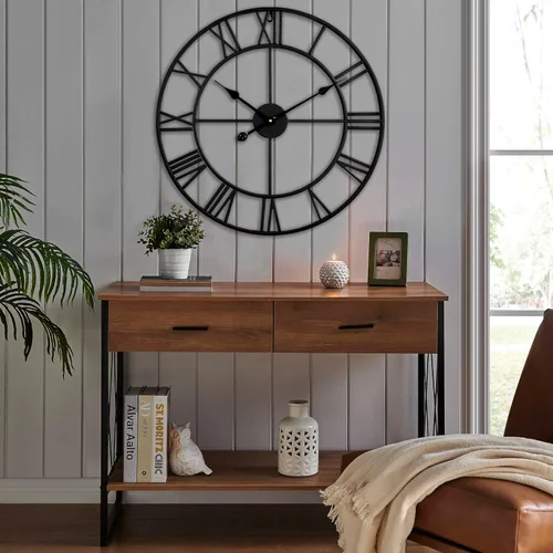 Vista 8 de CLXEAST Relojes de pared de 24 pulgadas para decoración de sala de estar, reloj de pared grande de metal negro que funciona con pilas Número arábigo