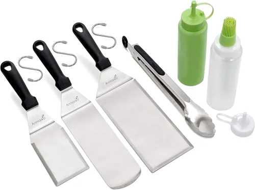 Vista 10 de Juego de espátulas de acero inoxidable, espátula y raspador resistente, ideal para parrilla de hierro fundido, barbacoa, parrilla plana, grado