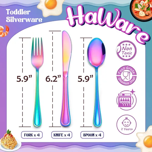 Vista 2 de HaWare Juego de cubiertos de 12 piezas para niños, de acero inoxidable, utensilios de comida preescolar, incluye 4 cucharas, 4 tenedores, 4