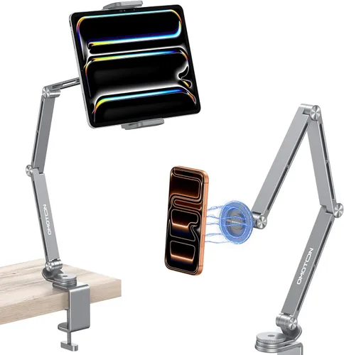 Vista 11 de OMOTON Soporte ajustable para tablet iPad, soporte de teléfono de escritorio para cama con 2 abrazaderas, soporte de aleación de aluminio flexible