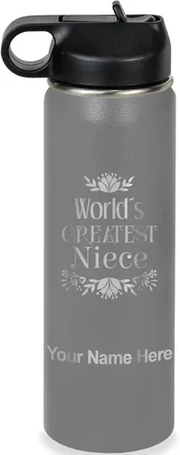 Vista 14 de LaserGram Botella de agua con tapa abatible de doble pared de 12 onzas con pajilla, sobrina más grande del mundo, grabado personalizado incluido