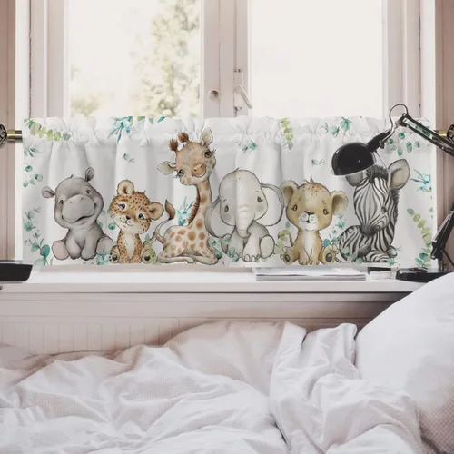 Vista 2 de HawSkgFub Cenefa de cortina unisex de 54 x 18 pulgadas, diseño de jirafa, elefante, cebra, leopardo, león, hoja de eucalipto, decoración del hogar