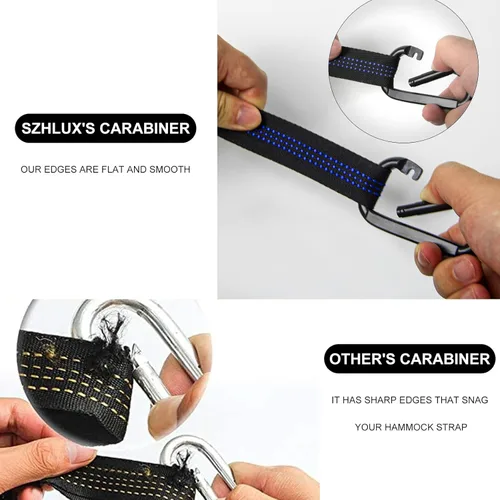 Vista 4 de SZHLUX Correas de hamaca para árboles, juego de dos de 10 pies de largo, con 38 bucles y 2 mosquetones, accesorios esenciales para hamaca
