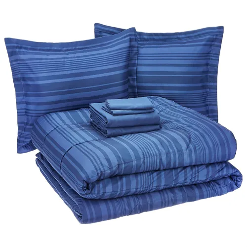 Vista 27 de Amazon Basics - Juego de edredón Twin/Twin XL con sábanas, juego de ropa de cama de 5 piezas, microfibra ligera azul Calvin a rayas, en una bolsa