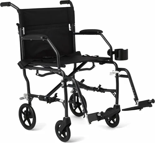 Silla de ruedas Medline, ultraliviana, con asiento amplio de 19 pulgadas, reposabrazos tipo escritorio permanentes y reposapiés abatibles, Negro, 1