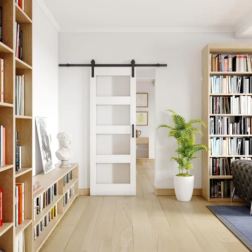 Vista 10 de Puertas correderas de granero de 36 x 84 pulgadas, 5 paneles, puerta interior de vidrio esmerilado templado para habitación con kit de herramientas