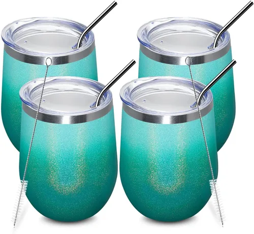 Vista 56 de MEWAY Vaso de vino sin tallo de 12 onzas con tapa, vaso de viaje de acero inoxidable con aislamiento de doble pared al vacío con popote, para Negro