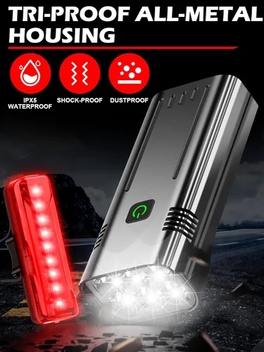 Vista 7 de Luces de bicicleta de alto lúmenes delanteras y traseras para conducción nocturna, 10,000 mAh USB recargable 6 luces LED para bicicleta, 5+5 modos