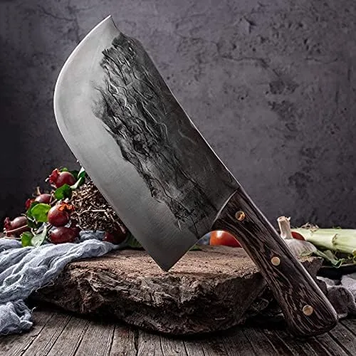 Vista 6 de MAYiT Cuchillo de carnicero de carne, cuchillo de corte grueso profesional hecho a mano para cortar huesos, martillo de cocina de chef, herramientas
