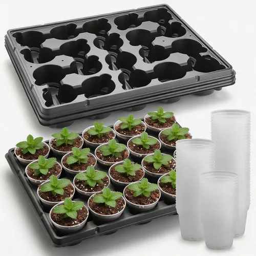 Vista 13 de RooTrimmer Macetas de turba de 3.15 pulgadas, 100 piezas con bandejas de plántulas de 20 celdas, 5 unidades, macetas biodegradables para inicio