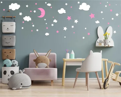 Vista 3 de Calcomanías de pared de luna creciente, estrellas y nubes, calcomanías de pared de luna y estrellas, cielo estrellado, decoración de sala