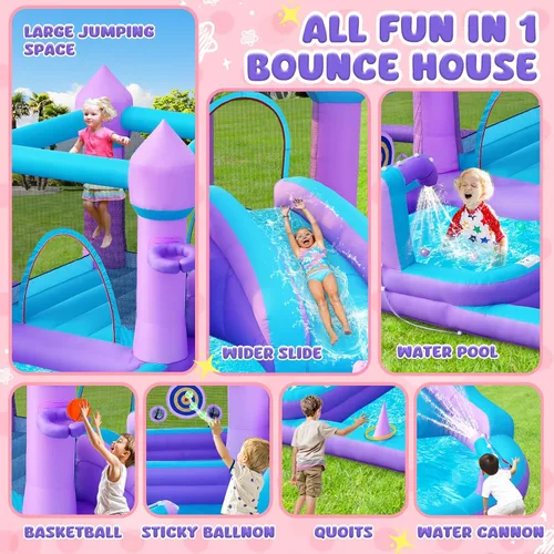Vista 6 de Casa de Rebotes Inflable para Niños 3-8, Castillo Hinchable Grande Morado con Tobogán, Soplador de Aire de 480W, Espacio para Saltar, Piscina