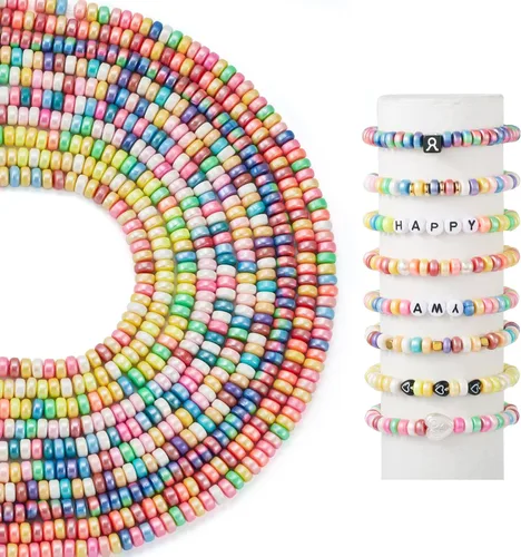 Vista 22 de FASHEWELRY 10 hebras planas redondas de arcilla polimérica de 0.236 pulgadas (0.236 in) hechas a mano, cuentas espaciadoras de disco, cuentas