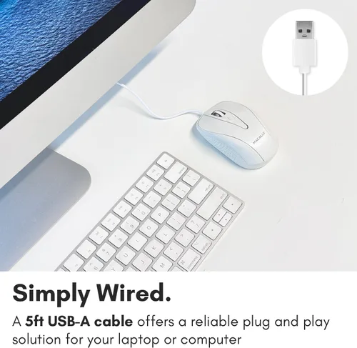 Vista 3 de Macally Mouse USB con cable con 3 botones, rueda de desplazamiento y cable de 5 pies de largo, mouse USB para computadora portátil y de escritorio