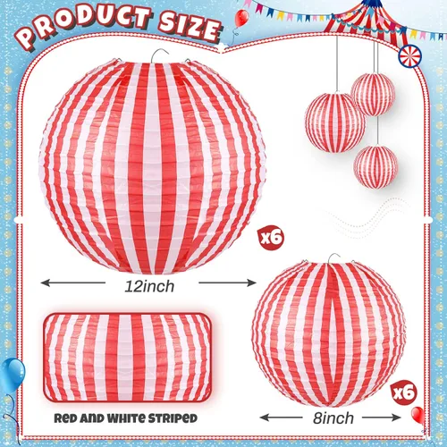 Vista 3 de Hortsun 12 linternas de papel para carnaval con rayas rojas y blancas, linternas de papel colgantes chinas para carnaval, circo, boda, fiesta