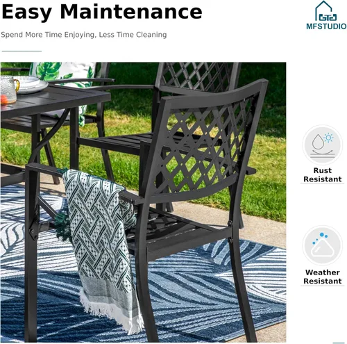 Vista 7 de MFSTUDIO Juego de mesa y sillas de patio, juego de muebles de patio para 8, 8 sillas de metal y 1 mesa de comedor cuadrada con agujero ajustable