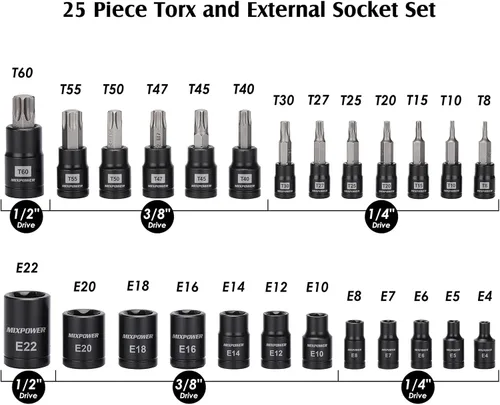 Vista 2 de MIXPOWER Juego de 25 puntas y dados Torx, 13 puntas de estrella (T8- T60) y 12 enchufes E-Torx (E4-E22), juego de mecánico de automóviles