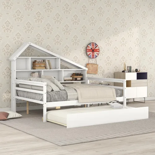 Vista 4 de Harper & Bright Designs Cama de capitán de tamaño matrimonial con nido, sofá cama matrimonial de madera con estantes integrados, marco de cama nido