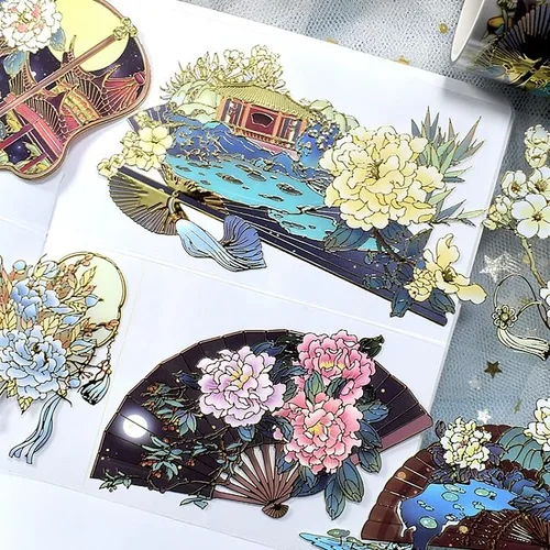 Vista 10 de Cinta washi de rosa para collage original de flores, creatividad, hecha a mano, para libro de diario, material PET con efecto láser (90395)