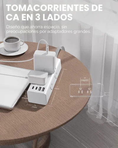 Vista 6 de One Beat Cable de extensión corto de 1 pie, regleta de alimentación de enchufe plano, protector de sobretensiones – 6 salidas amplias con 4 puertos