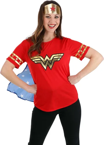 Plus Size Women's Wonder Woman Costume, Red White & Blue Outfit with Cape & Crown Accessory Superhero Costume