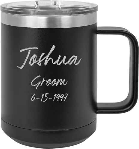 Taza personalizada con recubrimiento en polvo de 15 oz con tapa personalizada grabada (negro)