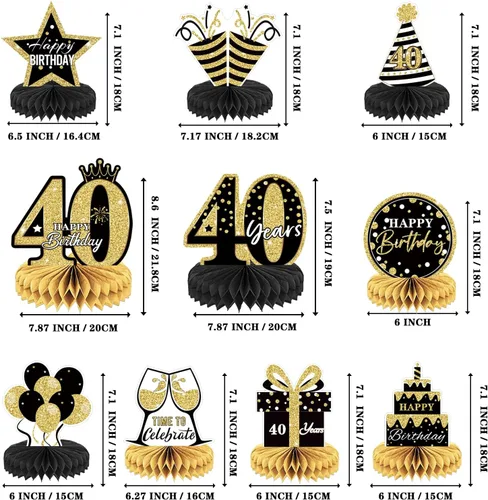 Vista 2 de 10 piezas de decoración de cumpleaños de 40 años, centros de mesa de panal para mesas, decoración de mesa de feliz cumpleaños 40
