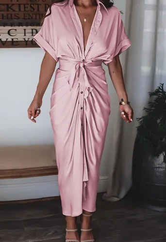 Vista 4 de Linsery - Vestido largo camisero de manga corta con botones y cinturón para mujer elegante de satén