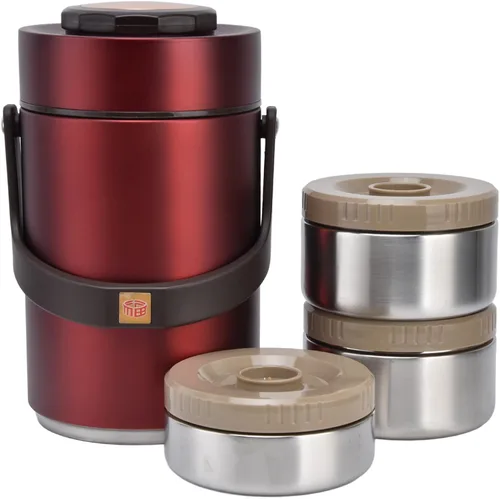 Vista 10 de 2.3L Vacuum Insulated Food Container with 3 Stackable Compartments 304 Stainless Steel Leak Proof Adults Thermal Food Jar for Work Travel Picnic Gold