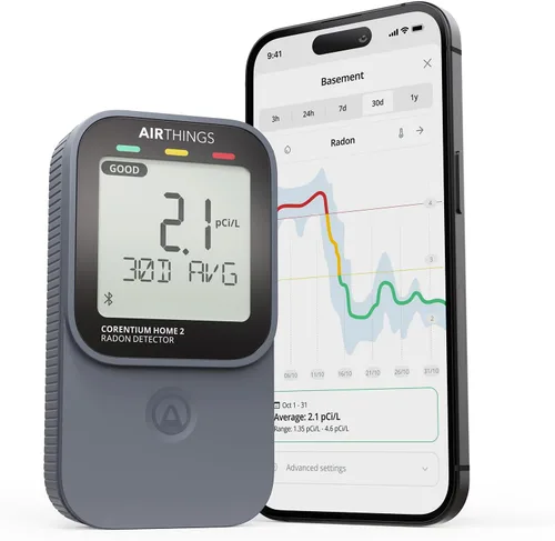 Airthings 325 Corentium Home 2 Detector de radón inteligente digital portátil - Prueba de radón fácil de usar con conectividad Bluetooth y sensores