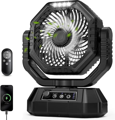AJVV Ventilador de campamento con luz y control remoto, ventilador oscilante para tienda de campaña colgante, portátil recargable para campamento,