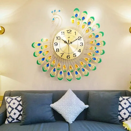 Vista 4 de Reloj de pared, reloj de pared moderno de hierro, grande, 3D, forma de pavo real, sin tictac, reloj silencioso para decoración de sala de estar