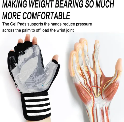 Vista 6 de Guantes de levantamiento de pesas para mujer, entrenamiento de gimnasio con soporte de muñeca, guantes acolchados de medio dedo para ejercicio