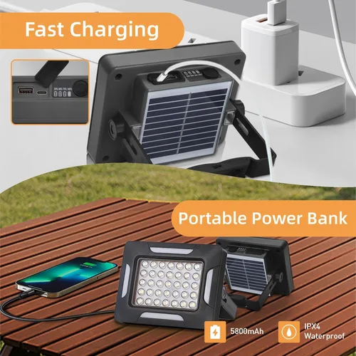 Vista 6 de Luces LED solares portátiles para acampar con regulador magnético, linterna solar recargable de 2000 lm con soporte, IP67 a prueba de agua, 5 modos