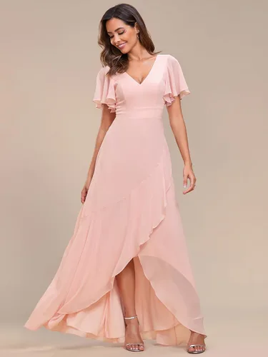 Vista 3 de Ever-Pretty Vestido de gasa con cuello en V doble acampanado y dobladillo con volantes, espalda descubierta, para invitadas de boda