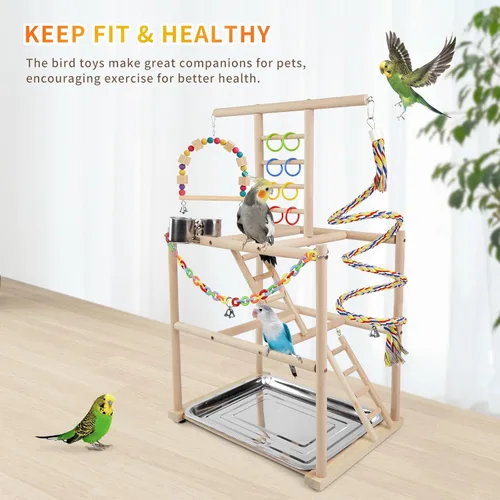 Vista 4 de Parque de Aves, Soporte de Juego para Loros de Pequeño a Mediano Tamaño, Soporte de Perca con 3 Escaleras, Gimnasio de Juego con Perca de Cuerda
