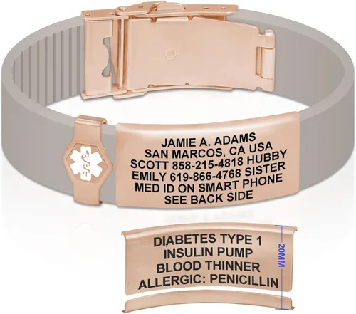 Vista 26 de Divoti Pulsera de identificación de alerta médica grabada personalizada, grabado láser de doble cara (hasta 9 líneas), pulsera de silicona ajustable