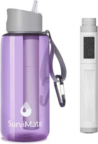 Vista 24 de SurviMate Botella de Agua Filtrada de Ultra-Filtración de 5 Etapas de 0.01μm, Material Libre de BPA, Certificada NSF/ANSI 42 y 372, Botella