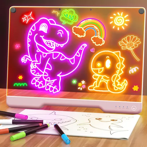 Vista 9 de Tablero de notas LED recargable de 16 pulgadas, 7 modos de luz de color, almohadilla de dibujo de borrado en seco de neón con soporte integrado