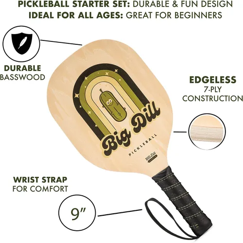 Vista 6 de Big Dill Pickleball Superstar Pickle Ball - Juego de 4 paletas de madera, paquete de 4 palas de pickleball, 4 bolas de pickleball y bolsa