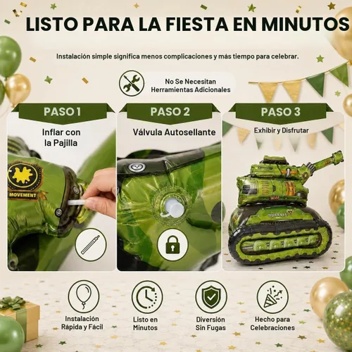 Vista 6 de Toddmomy Globos de papel de aluminio con diseño de tanque militar, globos de camuflaje, globos de construcción, globos inflables para decoraciones