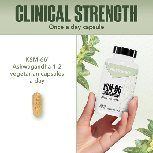 Vista 5 de NutraBio Ashwagandha KSM-66 Suplemento de hierbas Ashwagandha para el estrés, el estado de ánimo y el rendimiento 600 MG de KSM66 clínicamente