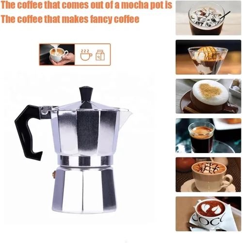 Vista 5 de Olla clásica Moka de 6 tazas de 9 onzas, cafetera de aluminio plateado para estufa, cafetera cubana, Greca incluye piezas de repuesto, perfecta