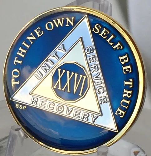 Vista 5 de 26 años azul medianoche AA Alcohólicos anónimos Medallón Chip Tri Plate chapado en oro y níquel