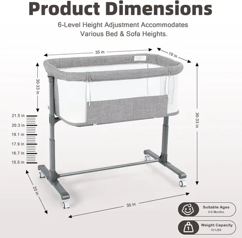 Vista 7 de Moisés para bebé, cuna portátil para recién nacido, con ruedas bloqueables, altura ajustable, colchón suave extraíble, color gris